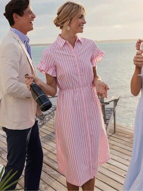 Southern Tide Tyra Striped Ruffle Sleeve Collar Midi Dress Size Small Color Pink